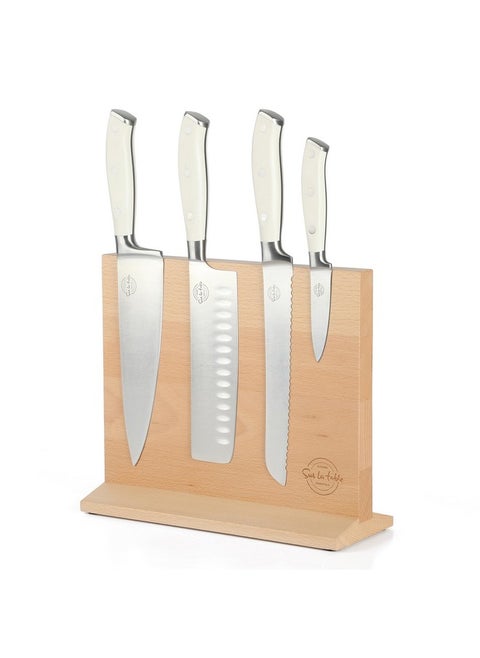 Sur La Table Kitchen Essentials 5 Piece German Steel Blade w/Triple Riveted Handle Set on Beechwood Magnetic Block - Linen White