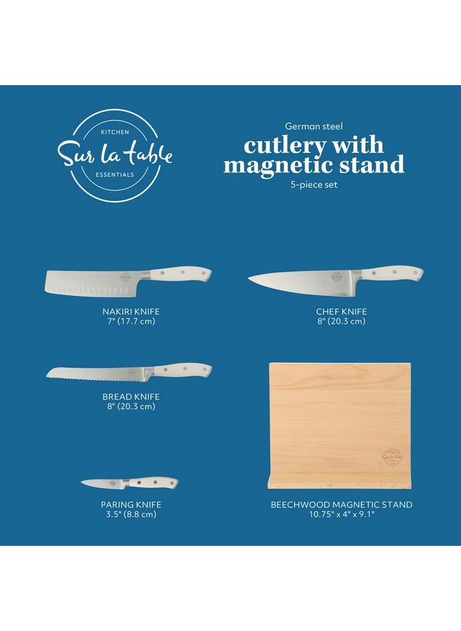 Sur La Table Kitchen Essentials 5 Piece German Steel Blade w/Triple Riveted Handle Set on Beechwood Magnetic Block - Linen White