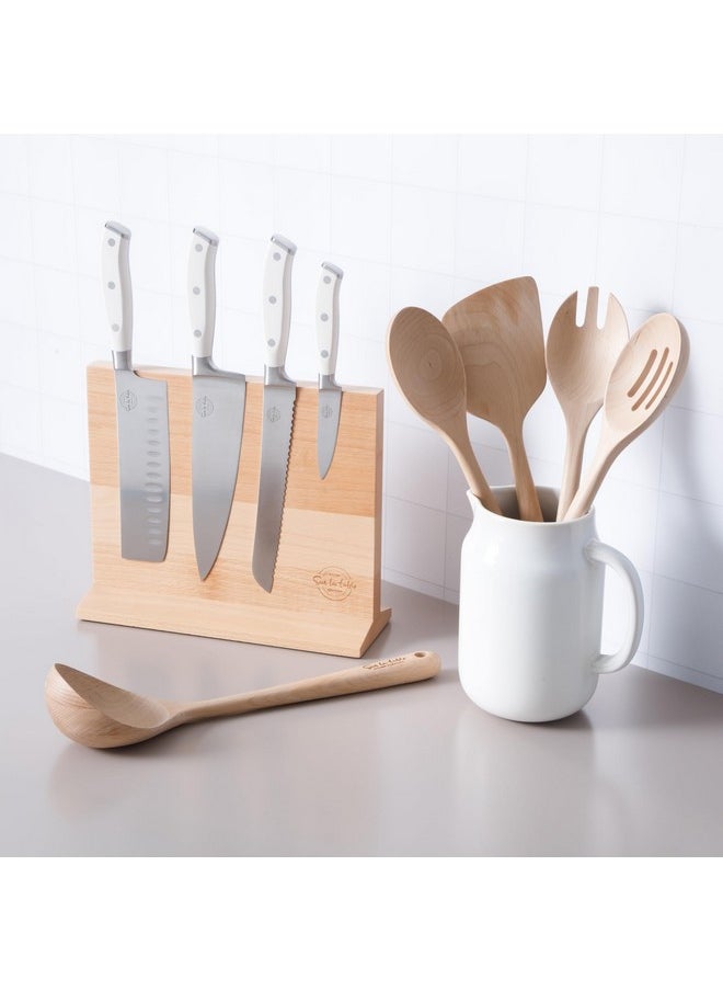 Sur La Table Kitchen Essentials 5 Piece German Steel Blade w/Triple Riveted Handle Set on Beechwood Magnetic Block - Linen White