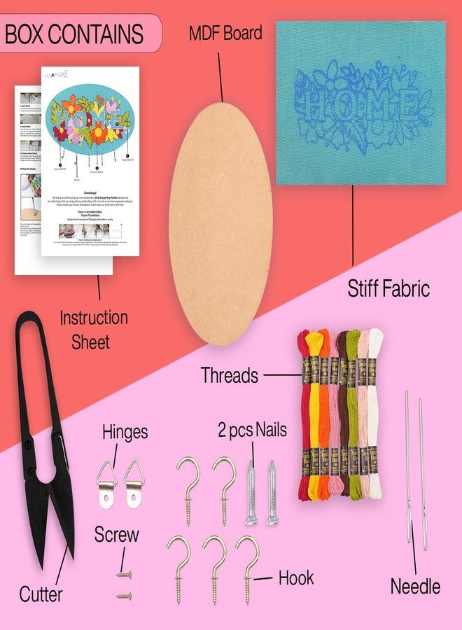 picknMAKE DIY Embroidered Keychain Holder Kit – Complete Set with Oval MDF Base, Natural Jute Fabric, Home Floral Design, Multicolor Threads, Hooks, Glue, and Easy Mounting Setup - Image 2