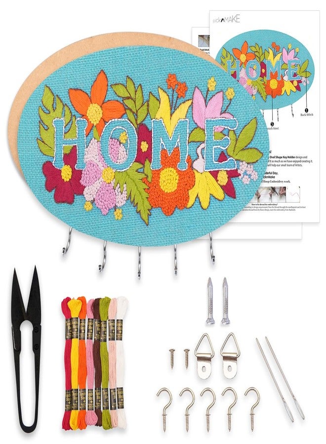 picknMAKE DIY Embroidered Keychain Holder Kit – Complete Set with Oval MDF Base, Natural Jute Fabric, Home Floral Design, Multicolor Threads, Hooks, Glue, and Easy Mounting Setup - Image 1