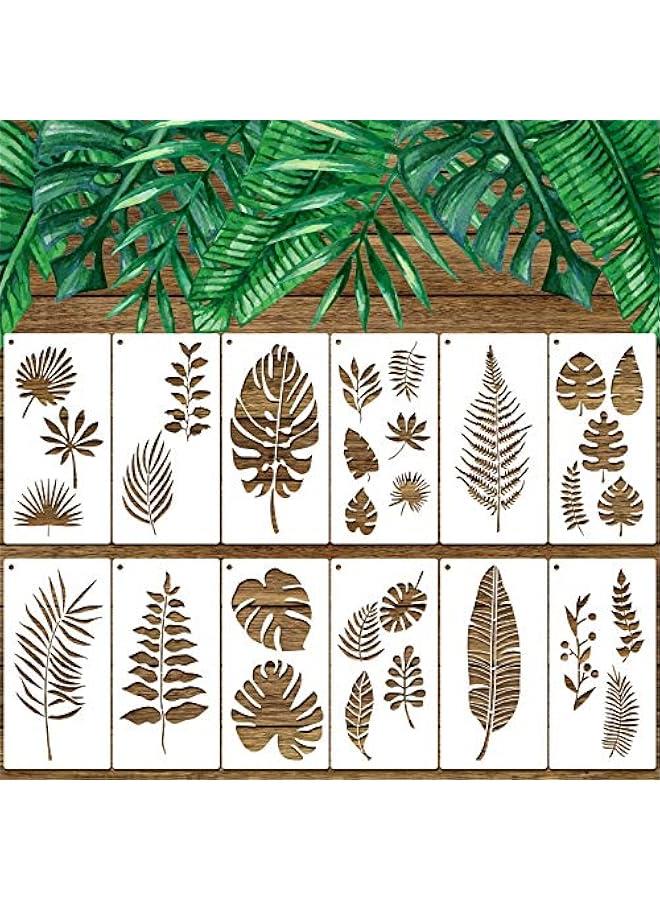 Arabest 12 Pieces Tropical Fern Leaf Painting Stencils Large Reusable Palm Turtle Leaf Wall Stencil Flexible Botanical Leaves Template Set Crafts for Furniture Canvas Wood Plank (4 x 8 Inches)  - Image 1