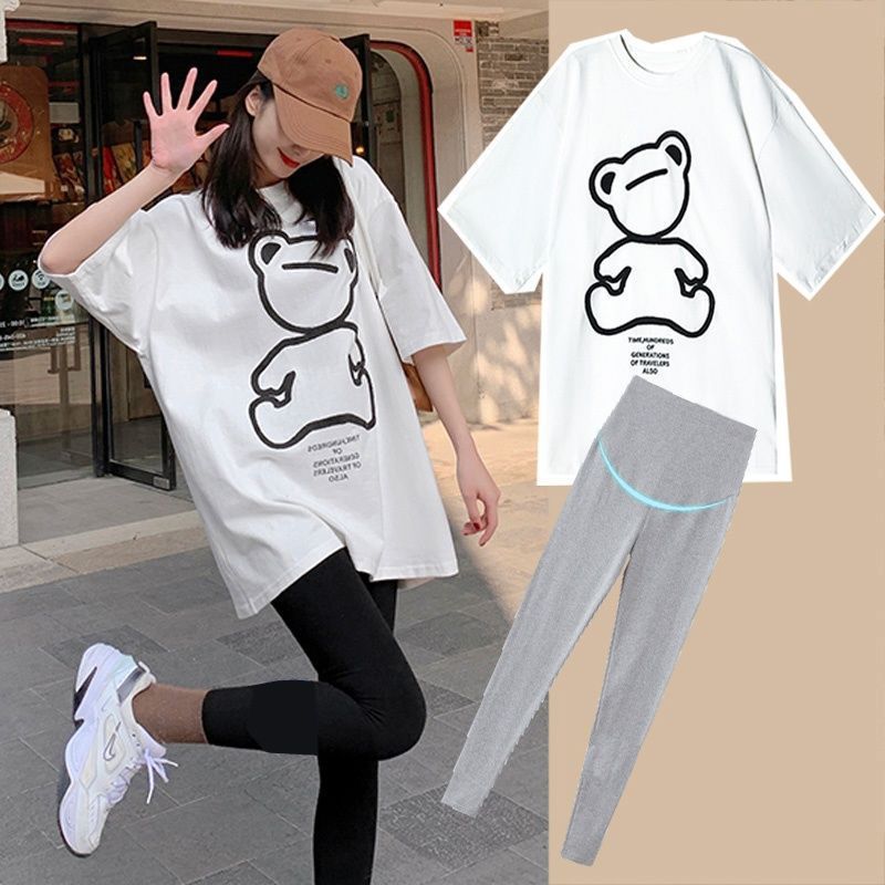 Pure Cotton Maternity Internet Celebrity Suit Summer Womens Top Sports Out Summer Thin Early Pregnancy Small Size White coat + light gray belt adjustable pants for pregnant women