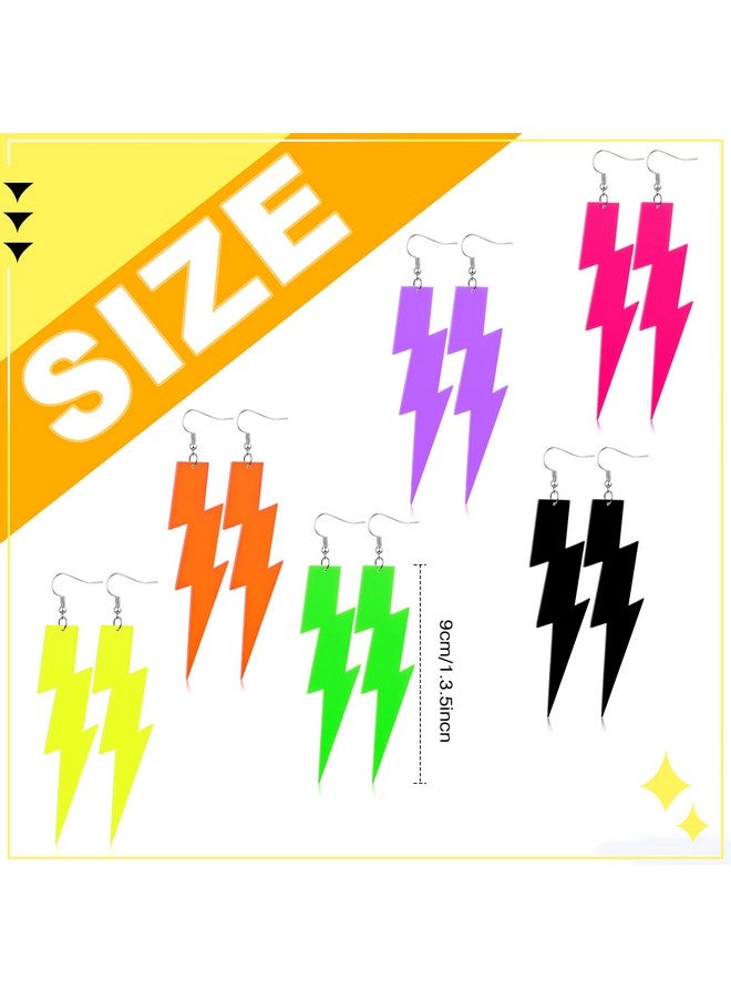 Yinkin 6 Pairs 80S Neon Earrings For Women Lightning Circular Oval Jewelry Retro Neon Earring Dangle Girls Costume 80'S Party 6 Colors (Lightning) - Image 2