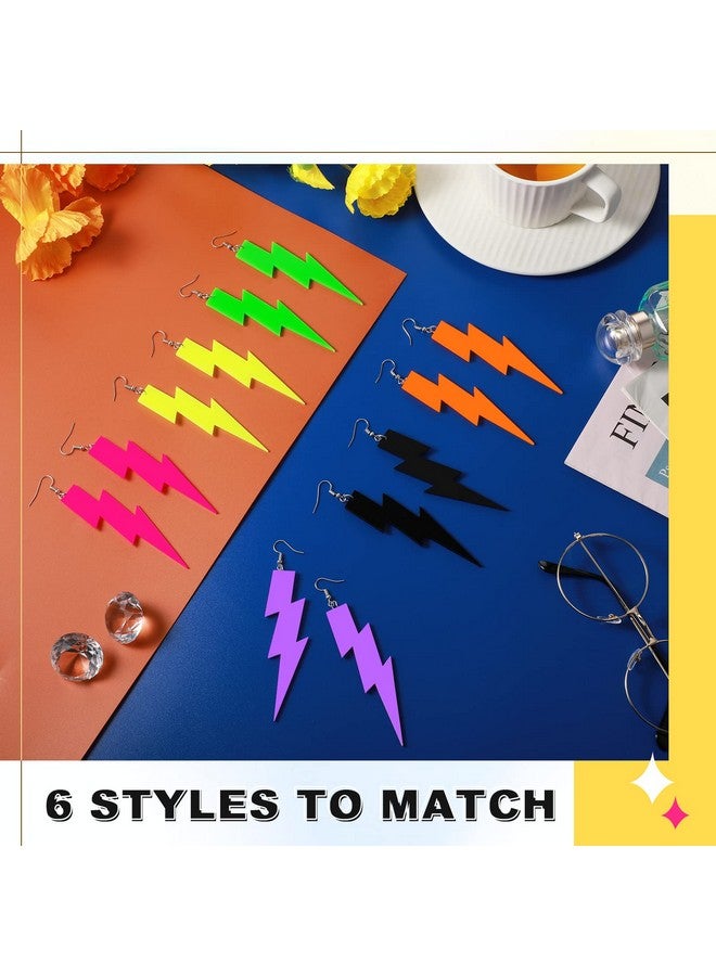 Yinkin 6 Pairs 80S Neon Earrings For Women Lightning Circular Oval Jewelry Retro Neon Earring Dangle Girls Costume 80'S Party 6 Colors (Lightning) - Image 3
