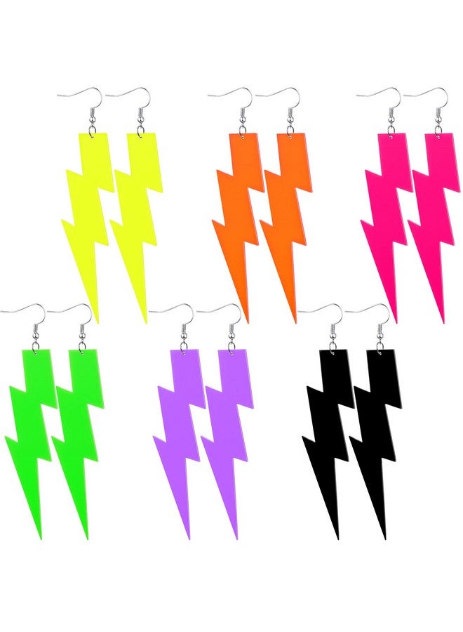 Yinkin 6 Pairs 80S Neon Earrings For Women Lightning Circular Oval Jewelry Retro Neon Earring Dangle Girls Costume 80'S Party 6 Colors (Lightning) - Image 1