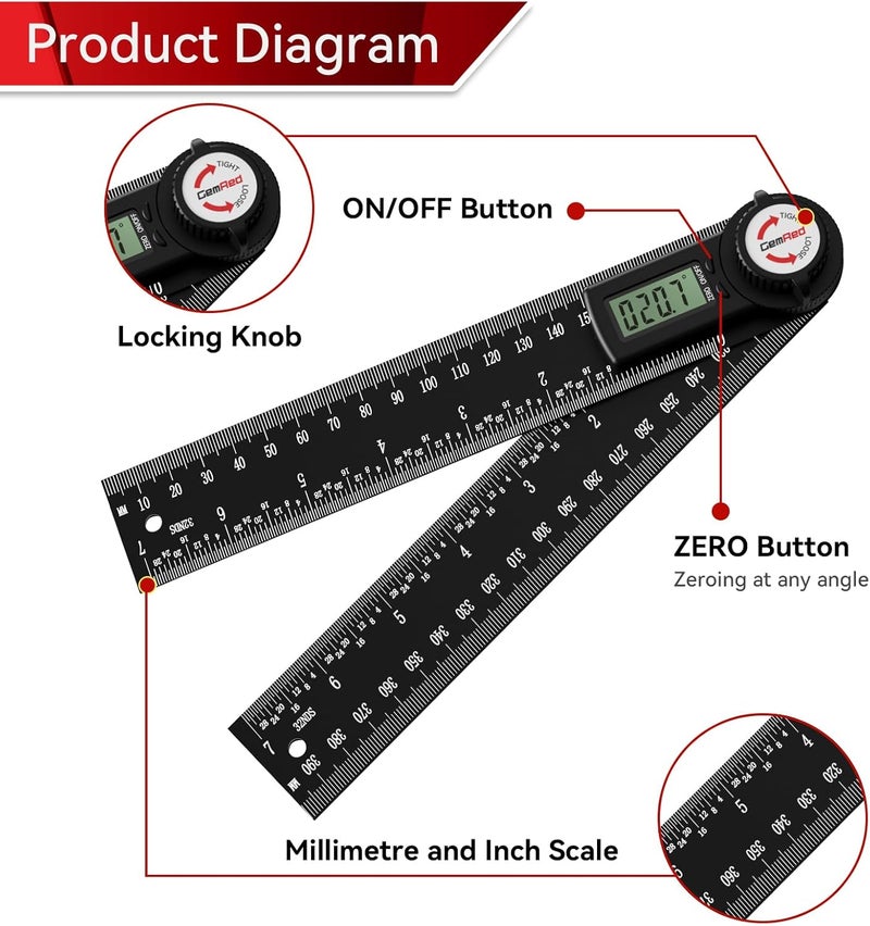 GemRed 82305 Aluminum Digital Angle Finder Protractor - Image 2