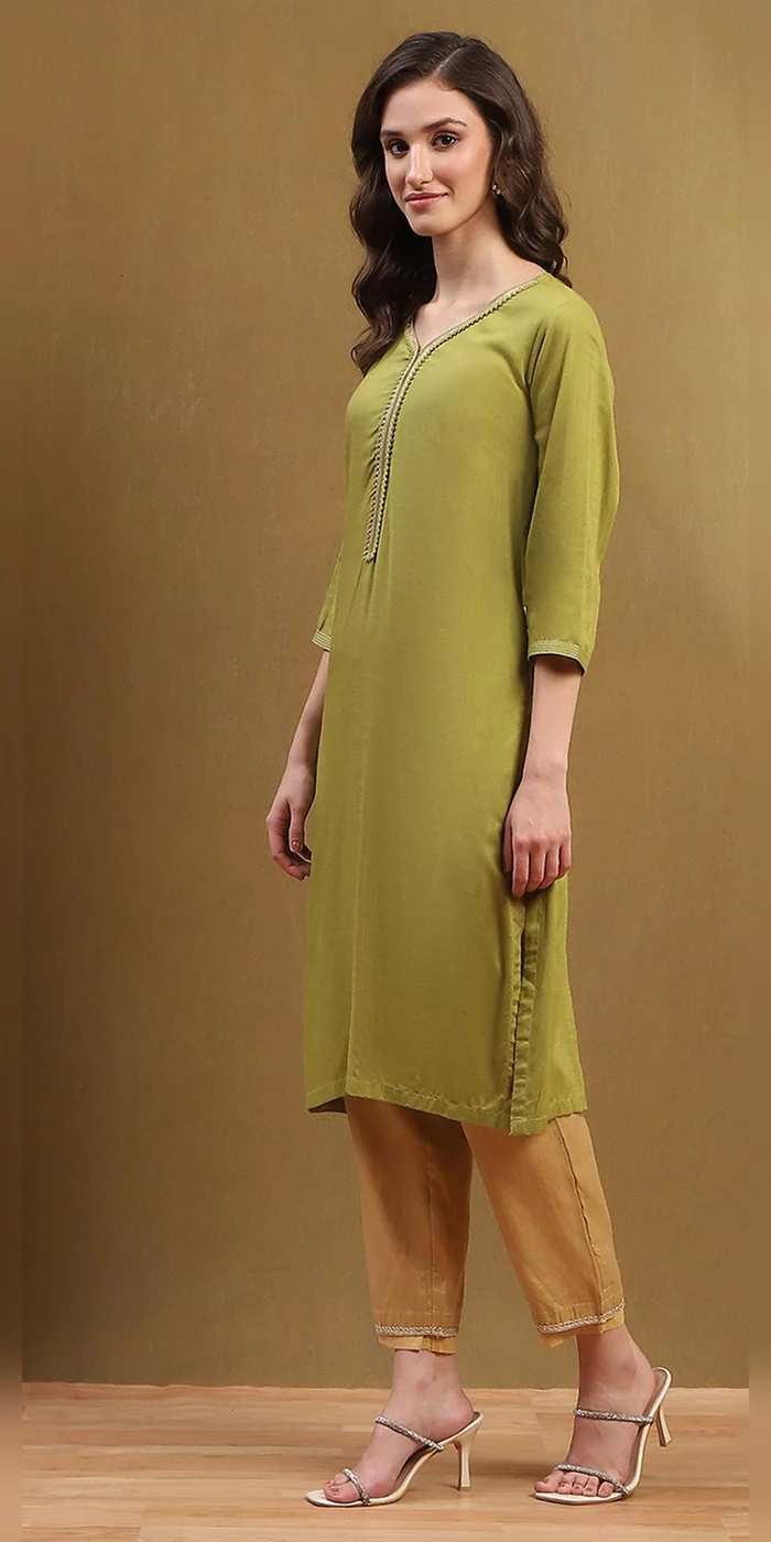 Biba Heena Green Women Green Solid Regular Fit Straight Kurta for Women | Best Price UAE