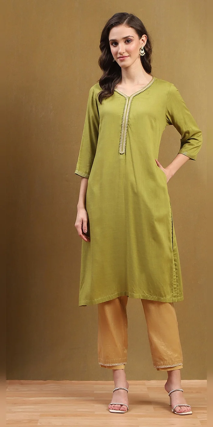 Biba Heena Green Women Green Solid Regular Fit Straight Kurta for Women | Best Price UAE