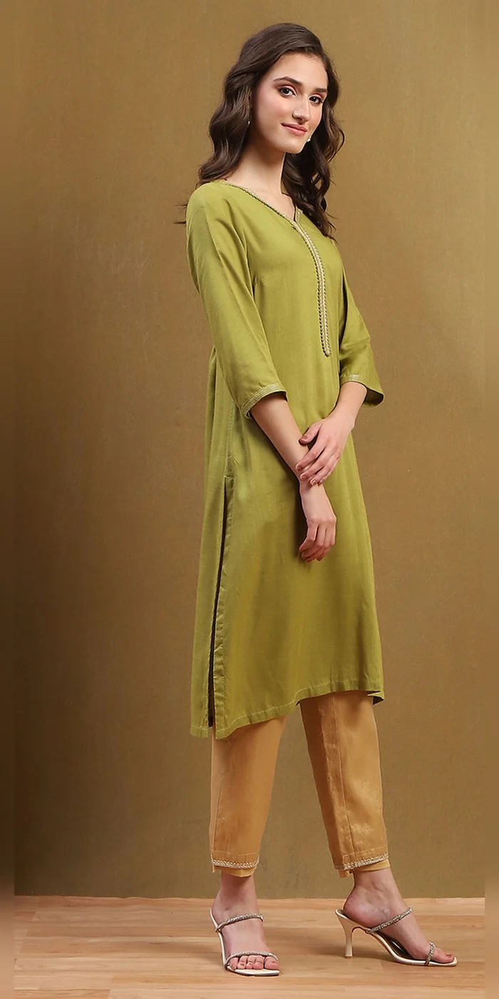 Biba Heena Green Women Green Solid Regular Fit Straight Kurta for Women | Best Price UAE
