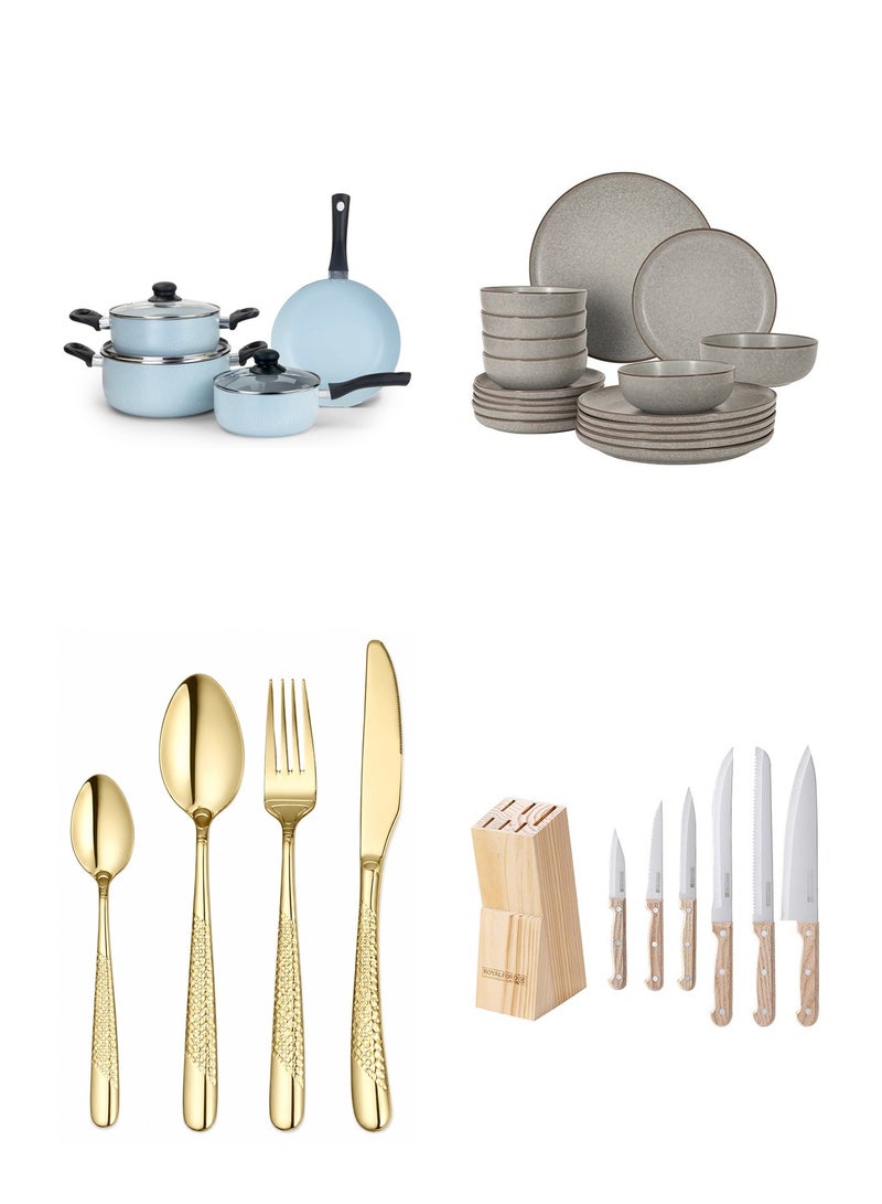 40+ Pcs Kitchen Essentials Set - Noon East 18 Pc Dinner Set + Generic 7 Pc Cookware Set + Aanya Homecraft 16 Pc Cutlery Set + Royalford 7 Pc Knife Set - Image 1