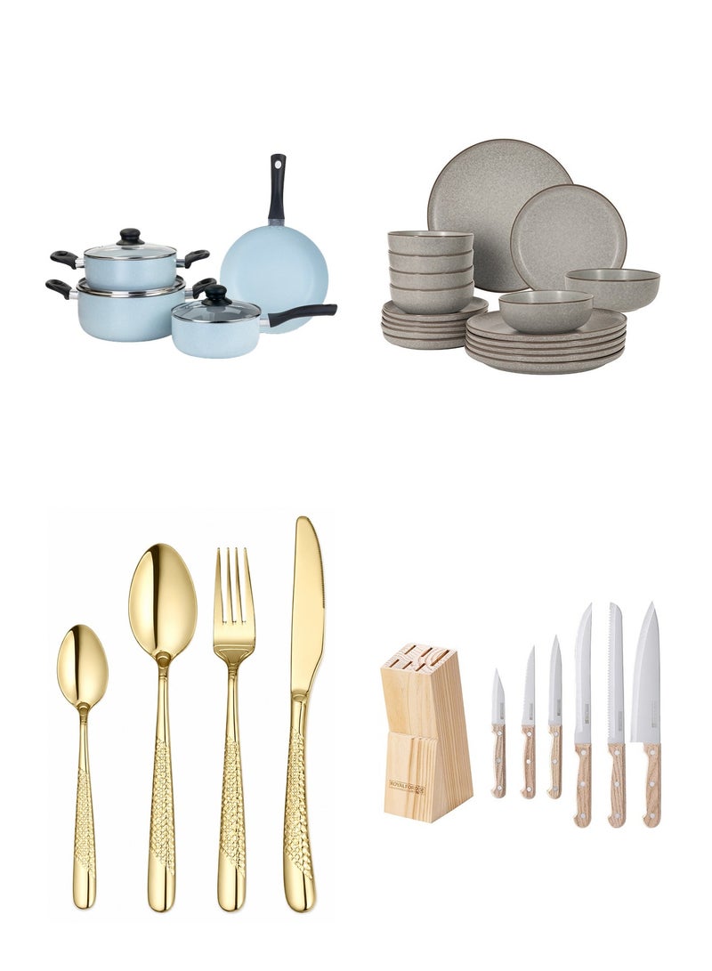 40+ Pcs Kitchen Essentials Set - Noon East 18 Pc Dinner Set + Generic 7 Pc Cookware Set + Aanya Homecraft 16 Pc Cutlery Set + Royalford 7 Pc Knife Set - Image 1