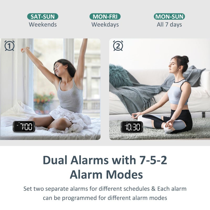 Odokee Digital Dual Alarm Clock for Bedroom, Easy to Set, 0-100% Dimmer, USB Charger, 5 Sounds Adjustable Volume, Weekday/Weekend Mode, Snooze, 12/24Hr, Battery Backup, Compact Clock for Bedside - Image 3