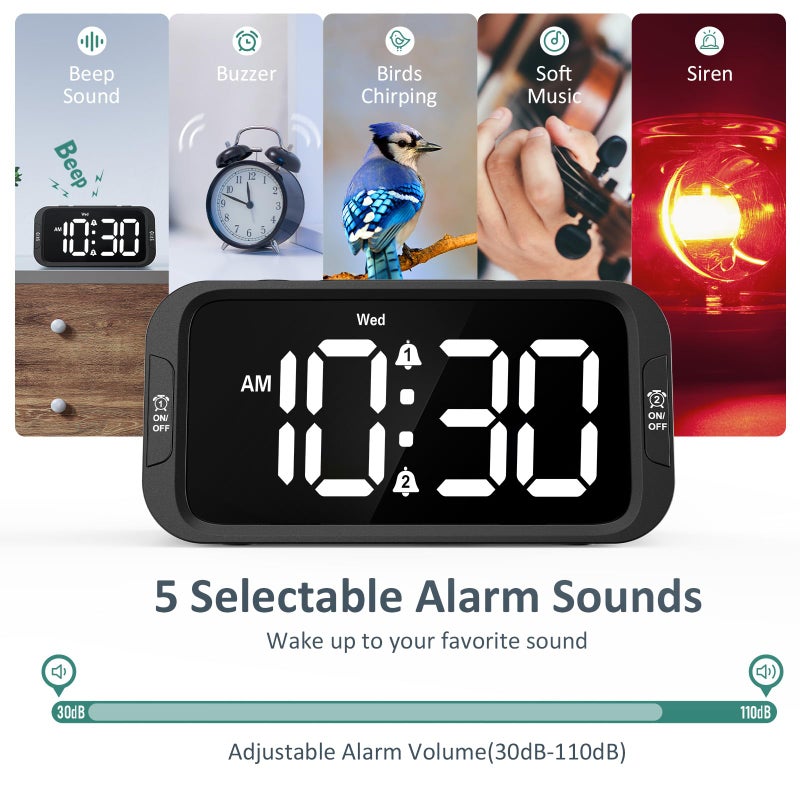 Odokee Digital Dual Alarm Clock for Bedroom, Easy to Set, 0-100% Dimmer, USB Charger, 5 Sounds Adjustable Volume, Weekday/Weekend Mode, Snooze, 12/24Hr, Battery Backup, Compact Clock for Bedside - Image 4
