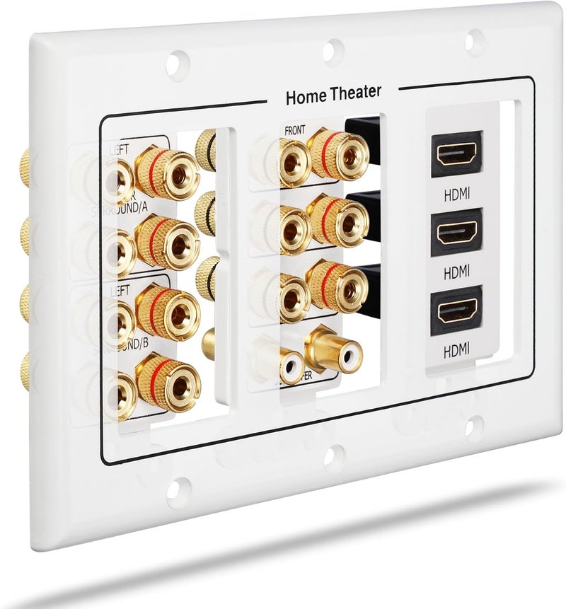 Fosmon 3 Gang Wall Plate, (3-Gang 7.2 Surround Sound Distribution) Home Theater Copper Banana Binding Post Coupler Type Wall Plated for 7 Speakers, 2 RCA Jacks for Subwoofers & 3 HDMI Ports - Image 3