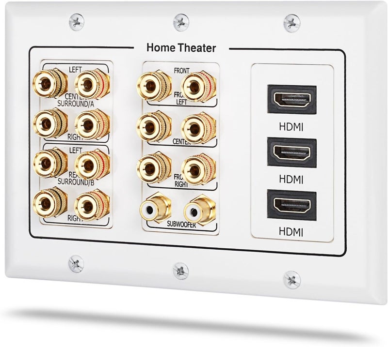 Fosmon 3 Gang Wall Plate, (3-Gang 7.2 Surround Sound Distribution) Home Theater Copper Banana Binding Post Coupler Type Wall Plated for 7 Speakers, 2 RCA Jacks for Subwoofers & 3 HDMI Ports - Image 1