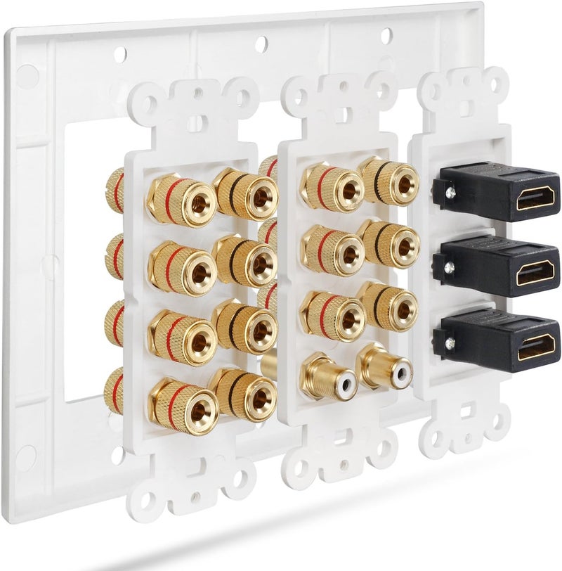 Fosmon 3 Gang Wall Plate, (3-Gang 7.2 Surround Sound Distribution) Home Theater Copper Banana Binding Post Coupler Type Wall Plated for 7 Speakers, 2 RCA Jacks for Subwoofers & 3 HDMI Ports - Image 4