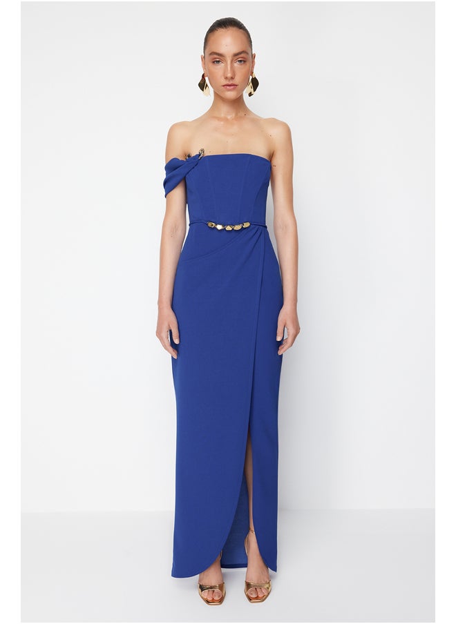 trendyol - X Zeynep Tosun Saks Wrap Knitted Long Evening Dress & Graduation Dress with Accessory Detail TCLSS24AE00007 - Image 1