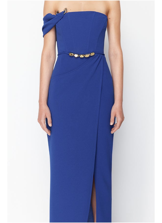 trendyol - X Zeynep Tosun Saks Wrap Knitted Long Evening Dress & Graduation Dress with Accessory Detail TCLSS24AE00007 - Image 1