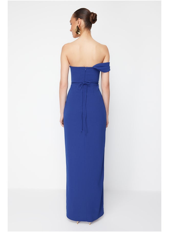 trendyol - X Zeynep Tosun Saks Wrap Knitted Long Evening Dress & Graduation Dress with Accessory Detail TCLSS24AE00007 - Image 1