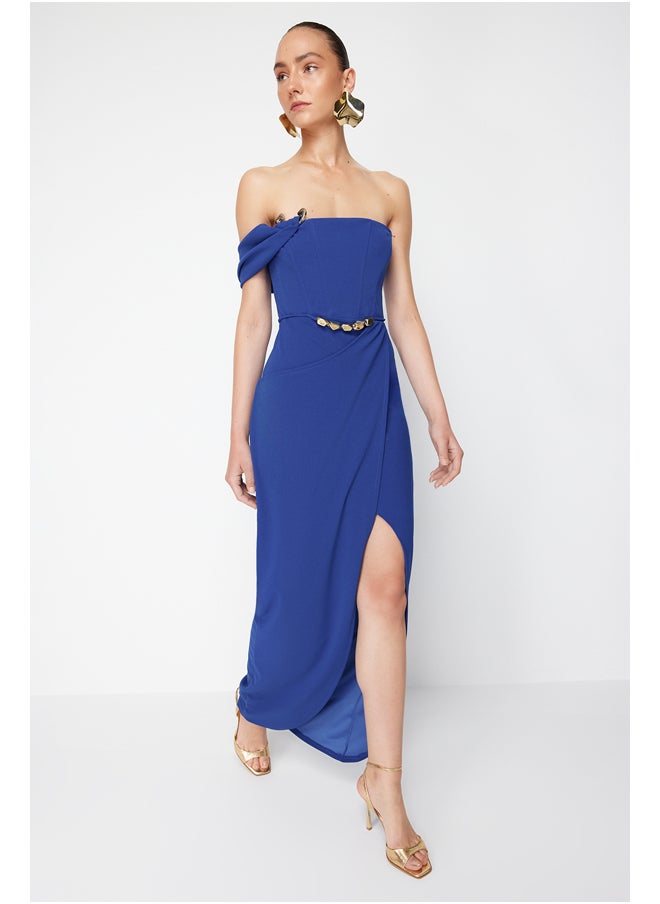 trendyol - X Zeynep Tosun Saks Wrap Knitted Long Evening Dress & Graduation Dress with Accessory Detail TCLSS24AE00007 - Image 1