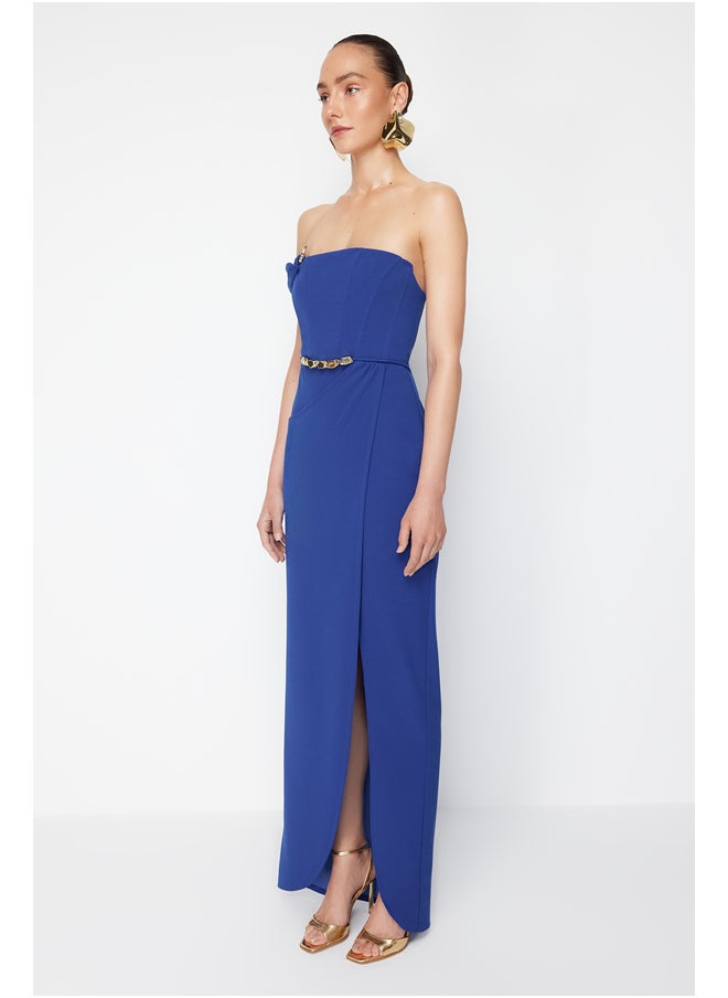 trendyol - X Zeynep Tosun Saks Wrap Knitted Long Evening Dress & Graduation Dress with Accessory Detail TCLSS24AE00007 - Image 1