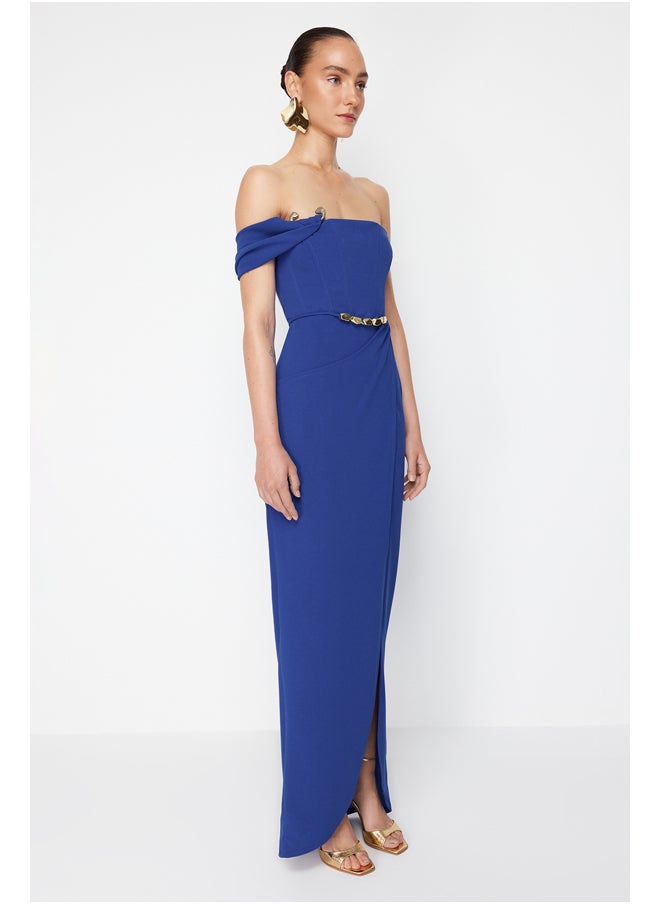 trendyol - X Zeynep Tosun Saks Wrap Knitted Long Evening Dress & Graduation Dress with Accessory Detail TCLSS24AE00007 - Image 1