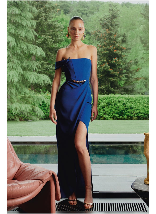 trendyol - X Zeynep Tosun Saks Wrap Knitted Long Evening Dress & Graduation Dress with Accessory Detail TCLSS24AE00007 - Image 1