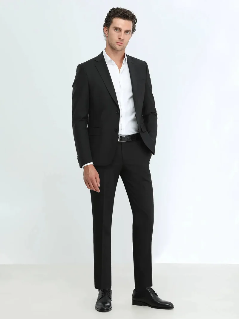 Kip Black Plain Modern Fit Wool Blended Suit