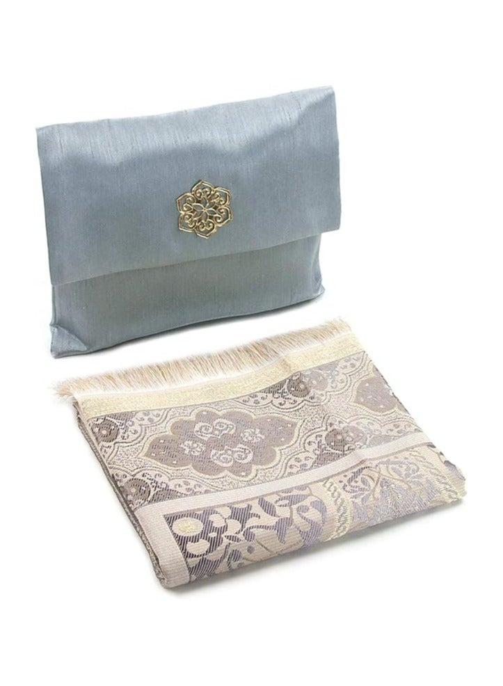 Muslim Prayer Rug and Beads with Elegant Slub Fabric Bag | Janamaz | Sajadah | Soft Islamic Prayer Rug | Islamic Gifts | Prayer Carpet Mat, Taffeta Fabric, Grey - Image 1