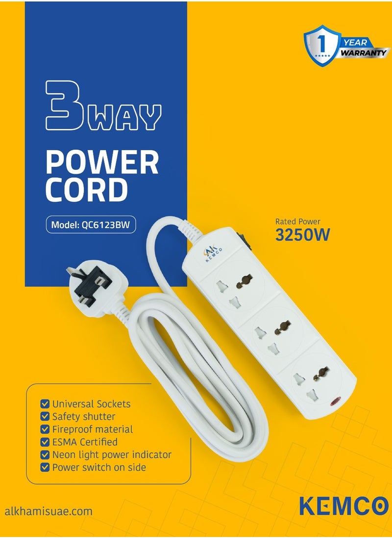 AK KEMCO - 3 Way Power Cord Extension Socket with Single Switch Universal Extension Lead Universal power strip Universal Extension board Extension Lead with 2 Meter 3 Meter 4 Meter 5 Meter cable - Image 1