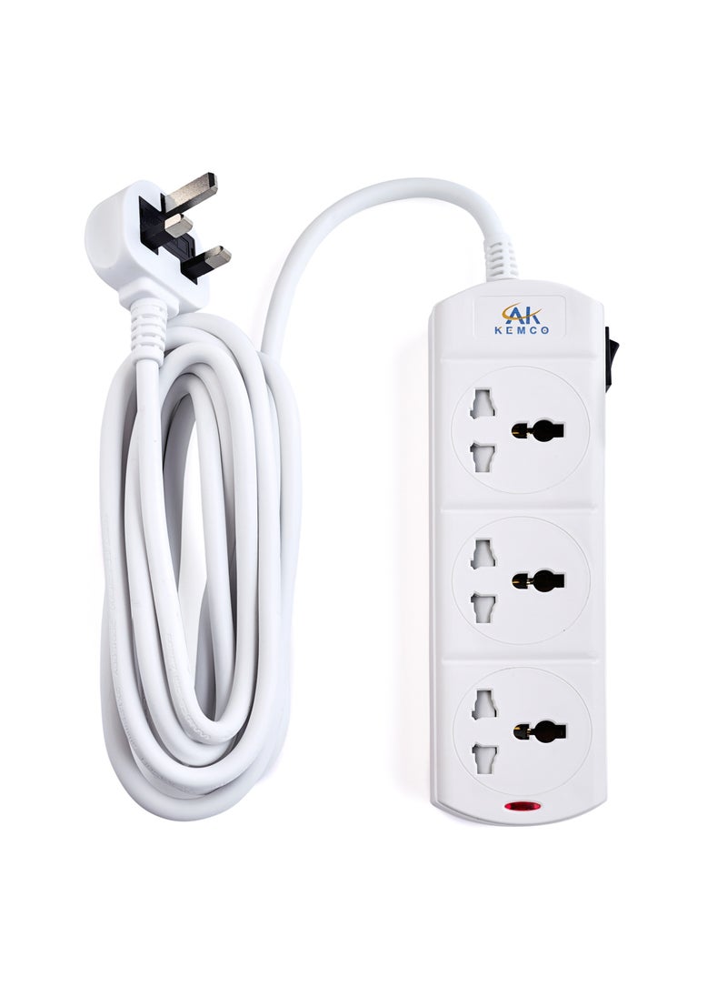 AK KEMCO - 3 Way Power Cord Extension Socket with Single Switch Universal Extension Lead Universal power strip Universal Extension board Extension Lead with 2 Meter 3 Meter 4 Meter 5 Meter cable - Image 1