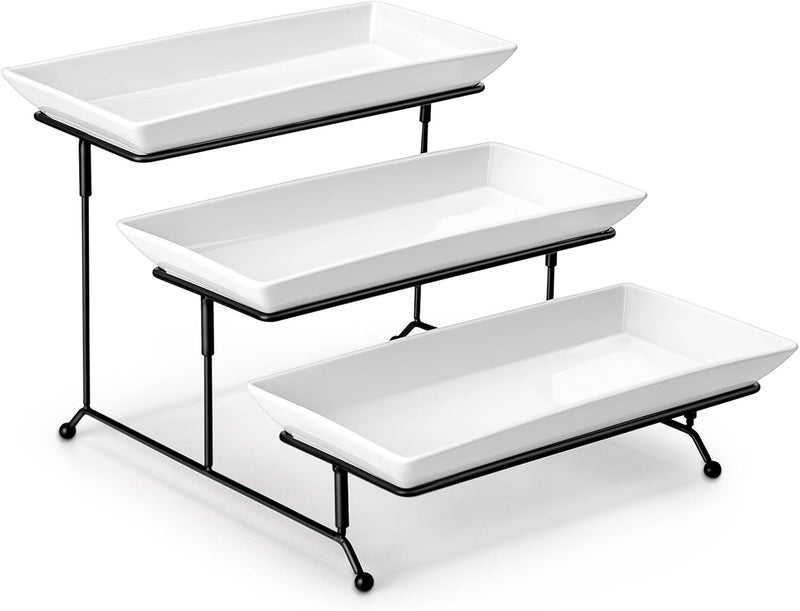 MALACASA 3 Tier Serving Trays for Party, Porcelain Serving Platters and Trays, 12 Inch Tiered Tray Stand, Fruit Tray, Trays for Serving Food, White Dessert Stand with Collapsible Sturdier Metal Rack - Image 1