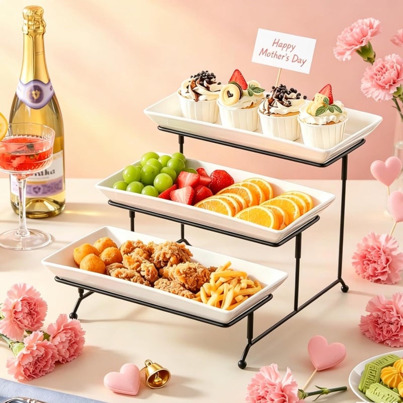 MALACASA 3 Tier Serving Trays for Party, Porcelain Serving Platters and Trays, 12 Inch Tiered Tray Stand, Fruit Tray, Trays for Serving Food, White Dessert Stand with Collapsible Sturdier Metal Rack - Image 5