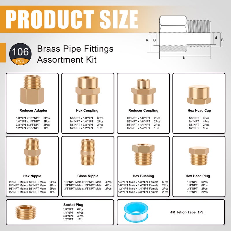 Ailbiuko 106PCS Brass Pipe Fittings Assortment Kit NPT Extension Adapter,Reducer Bushing,Hex Nipple,Close Nipple,Reducing Hex Coupling,Hex Head Plugs,Hex head Cap,Socket Plug Kit - Image 2