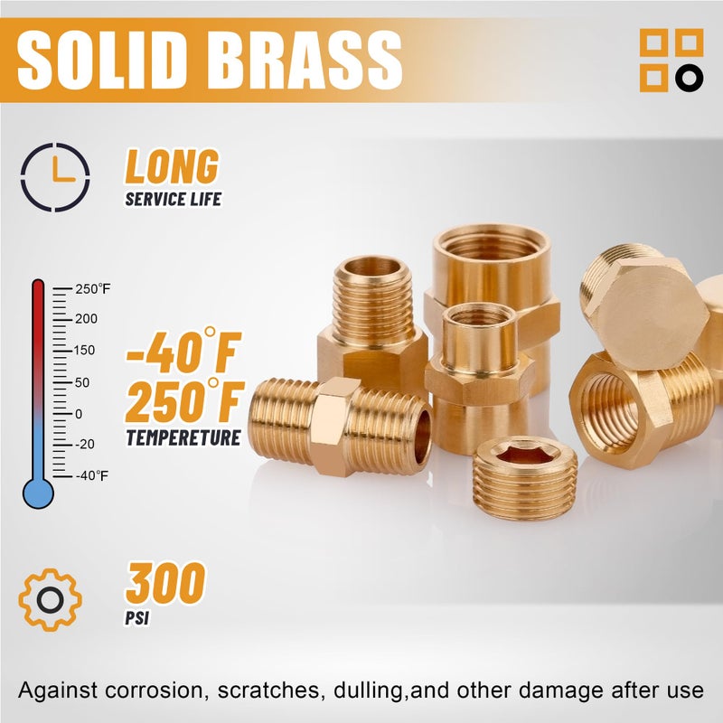 Ailbiuko 106PCS Brass Pipe Fittings Assortment Kit NPT Extension Adapter,Reducer Bushing,Hex Nipple,Close Nipple,Reducing Hex Coupling,Hex Head Plugs,Hex head Cap,Socket Plug Kit - Image 3