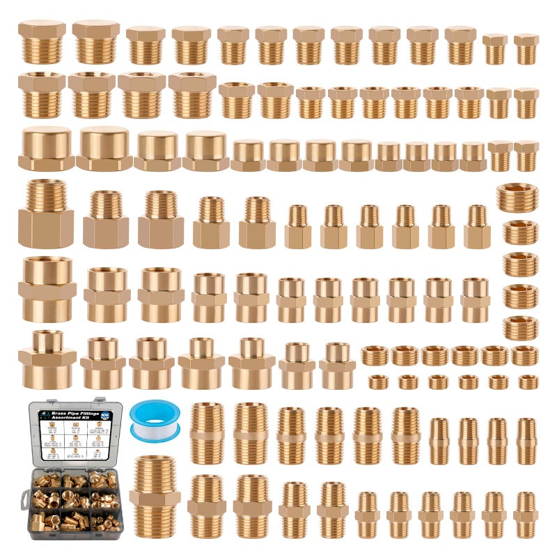 Ailbiuko 106PCS Brass Pipe Fittings Assortment Kit NPT Extension Adapter,Reducer Bushing,Hex Nipple,Close Nipple,Reducing Hex Coupling,Hex Head Plugs,Hex head Cap,Socket Plug Kit - Image 1