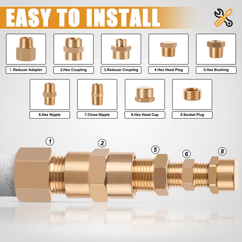 Ailbiuko 106PCS Brass Pipe Fittings Assortment Kit NPT Extension Adapter,Reducer Bushing,Hex Nipple,Close Nipple,Reducing Hex Coupling,Hex Head Plugs,Hex head Cap,Socket Plug Kit - Image 5