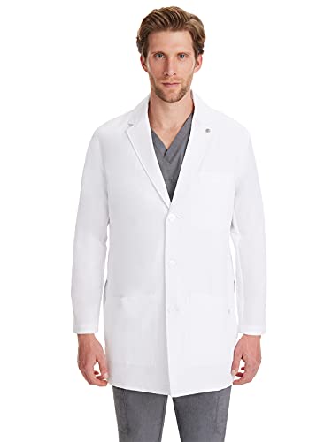 Healing Hands Logan Men’s White Lab Coat with 5 Pockets, Knit Details & Side Slits Back length 34½" 360° Stretch 5100, Small, White - Image 1