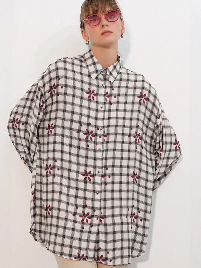 Big Dart Dusty White BDART Oversized Plaid Crepe Shirt for Women | Best Price UAE