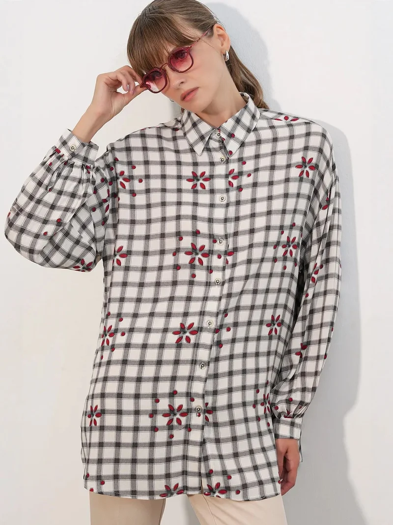 Big Dart Dusty White BDART Oversized Plaid Crepe Shirt for Women | Best Price UAE