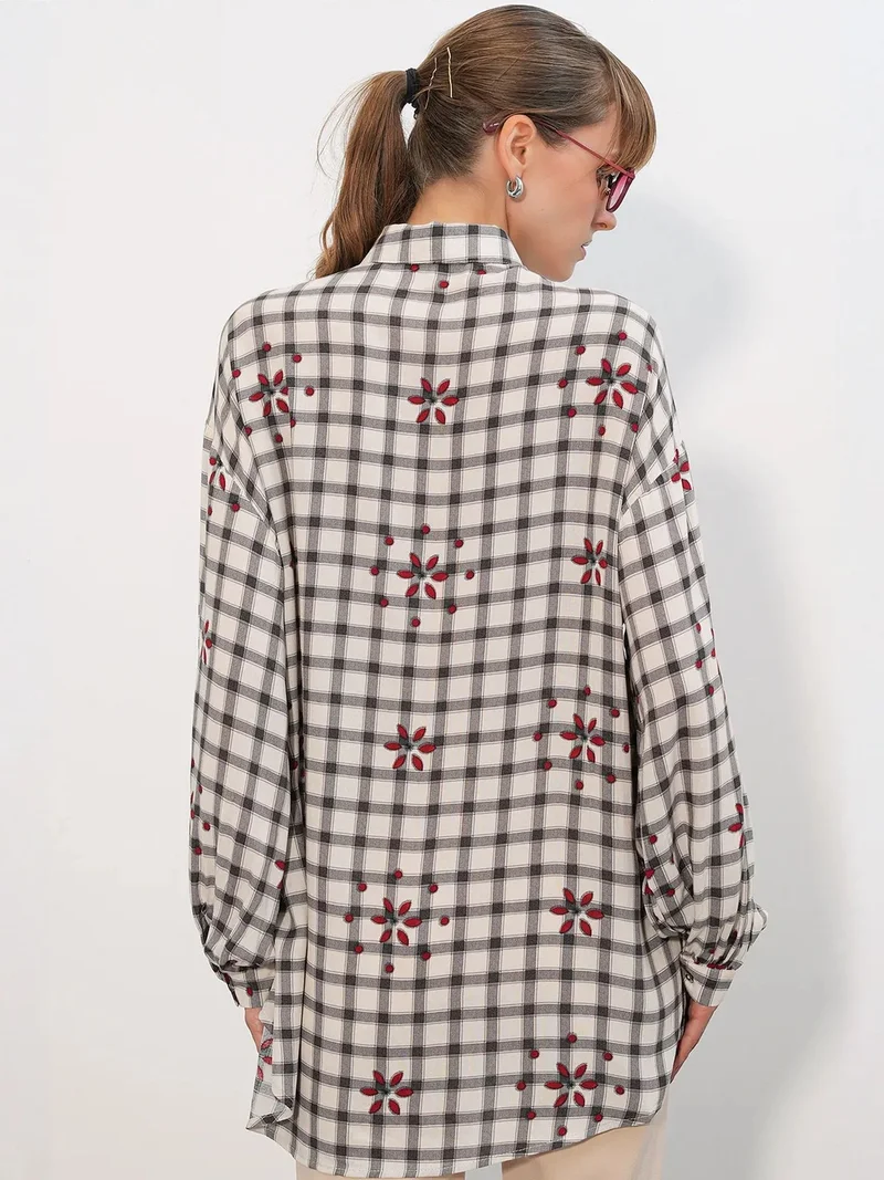 Big Dart Dusty White BDART Oversized Plaid Crepe Shirt for Women | Best Price UAE