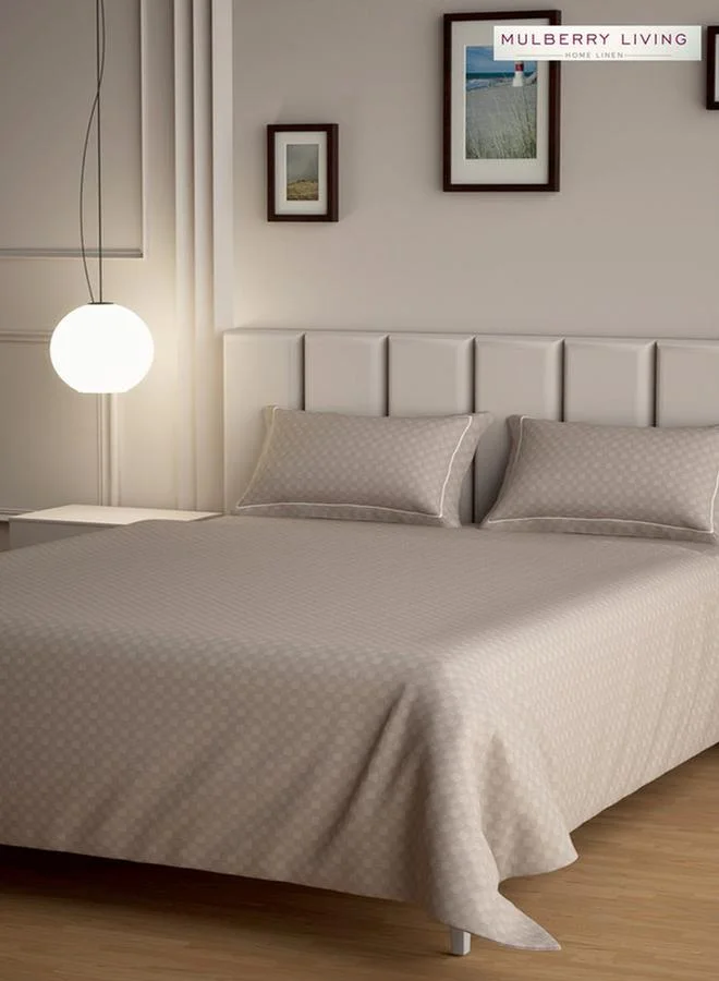 Mulberry Living 100% Cotton Queen Flat Bedsheet With 2 Pillow Covers - 300Tc Urban Grid - Mocha