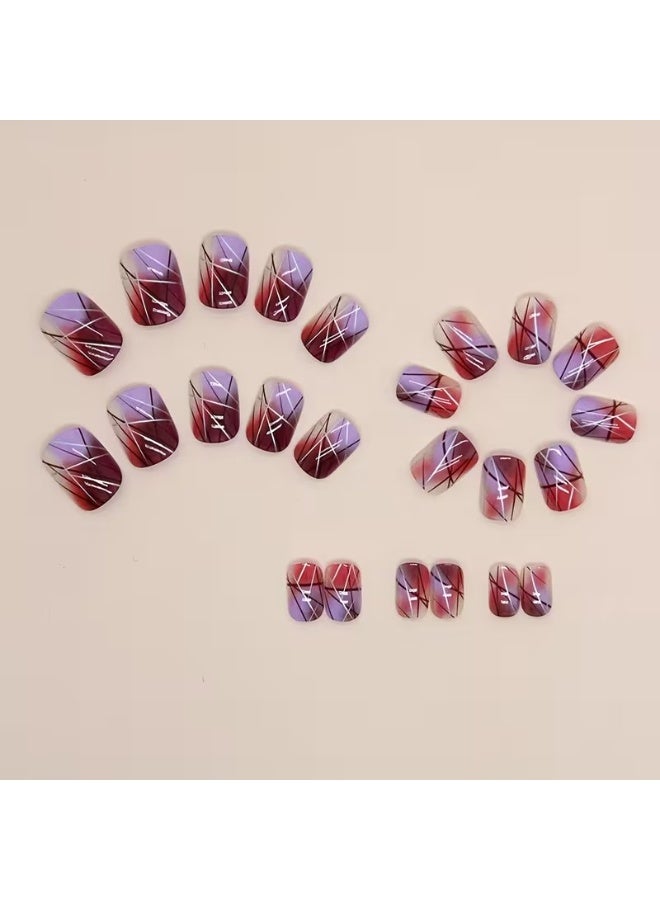 Goolsky 24pcs/set Short Square Broken Crackle False Nails Wine Red Glass Sense Nail Piece Stripe With Design Finished Wearing Nail For Women Girls, 1pc Nail File And 1sheet Adhesive Tabs Included - Image 2