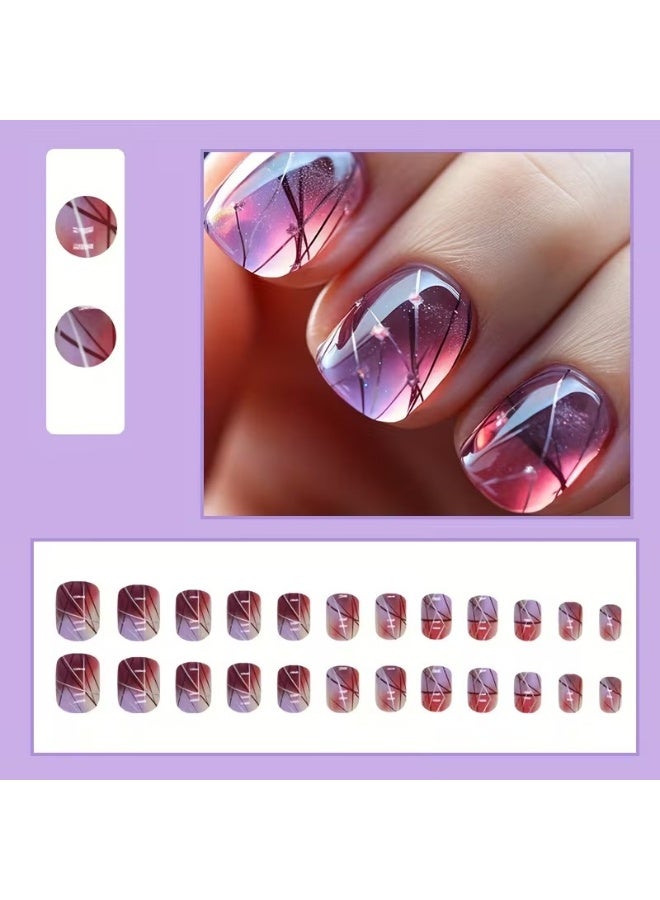 Goolsky 24pcs/set Short Square Broken Crackle False Nails Wine Red Glass Sense Nail Piece Stripe With Design Finished Wearing Nail For Women Girls, 1pc Nail File And 1sheet Adhesive Tabs Included - Image 1