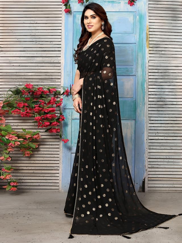 Satrani Women's Georgette Foil Printed & Lace Saree with Unstitched Blouse Piece (3184S2264NA_Black2) - Image 2