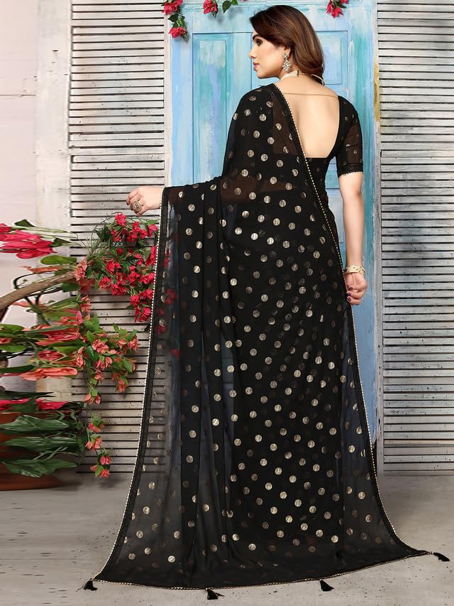 Satrani Women's Georgette Foil Printed & Lace Saree with Unstitched Blouse Piece (3184S2264NA_Black2) - Image 3