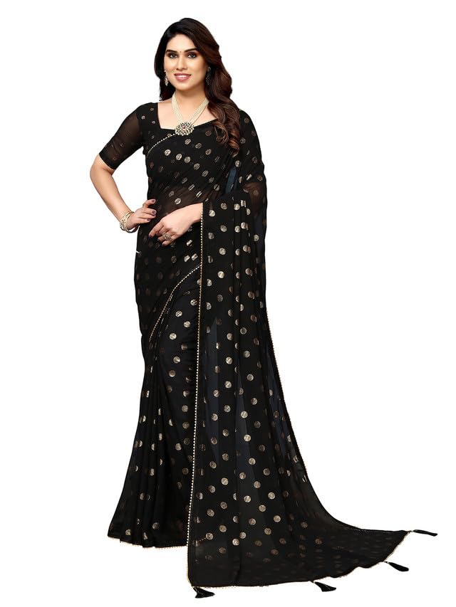 Satrani Women's Georgette Foil Printed & Lace Saree with Unstitched Blouse Piece (3184S2264NA_Black2) - Image 1