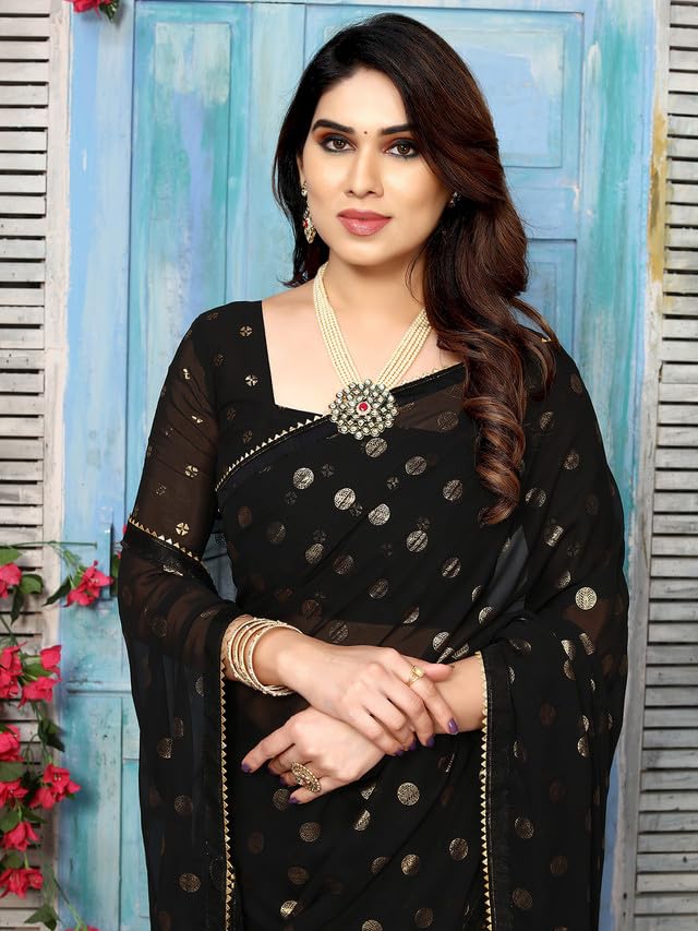 Satrani Women's Georgette Foil Printed & Lace Saree with Unstitched Blouse Piece (3184S2264NA_Black2) - Image 5