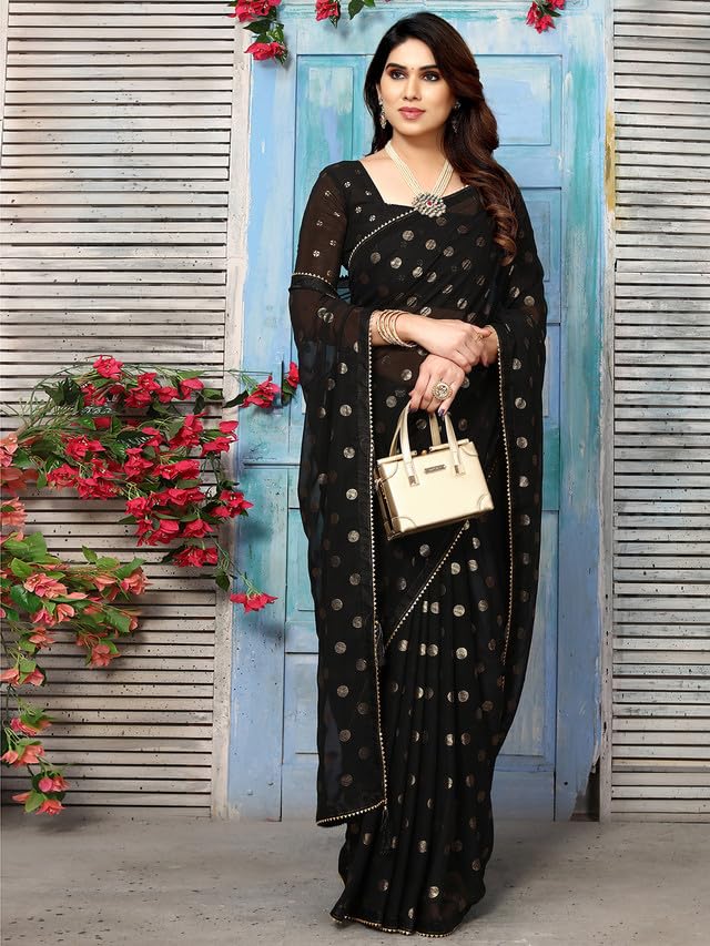 Satrani Women's Georgette Foil Printed & Lace Saree with Unstitched Blouse Piece (3184S2264NA_Black2) - Image 4